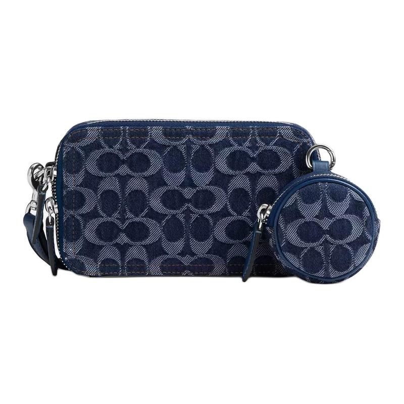 COACH Charter 19 Classic Signature Silver Hardware Denim and Fine Calfskin Shoulder Bag Small Men s Dark Blue синий