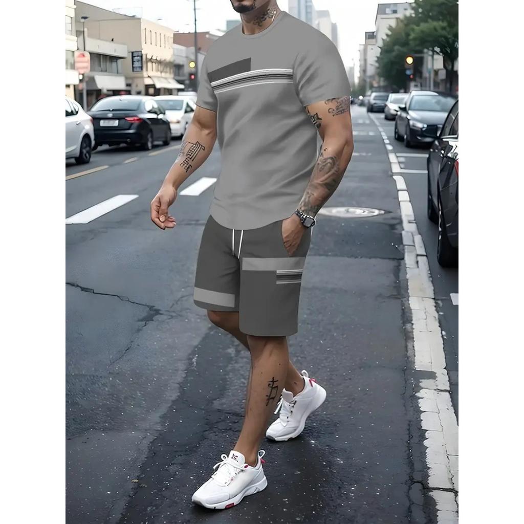 Large Size, Summer, T-shirt Shorts Set, Color Changing Pattern, 3D Digital Printing, Casual Set, Beach Shorts Short Sleeved
