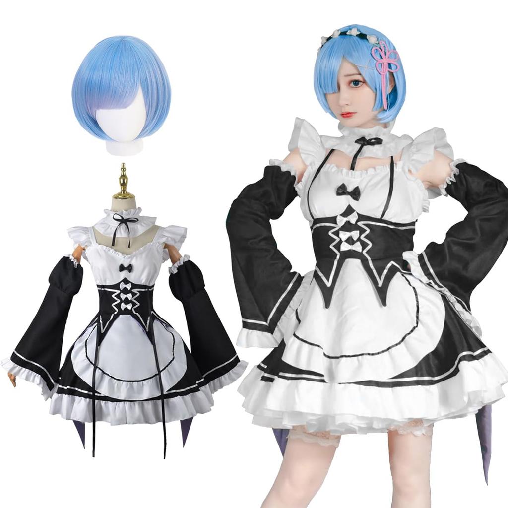 NIUKACOS Rem and Ram Cosplay Costume with Wig from Life In Another Maid Outfit for Photo Size L ReZERO -Starting World-, Anime, Adults, Halloween,