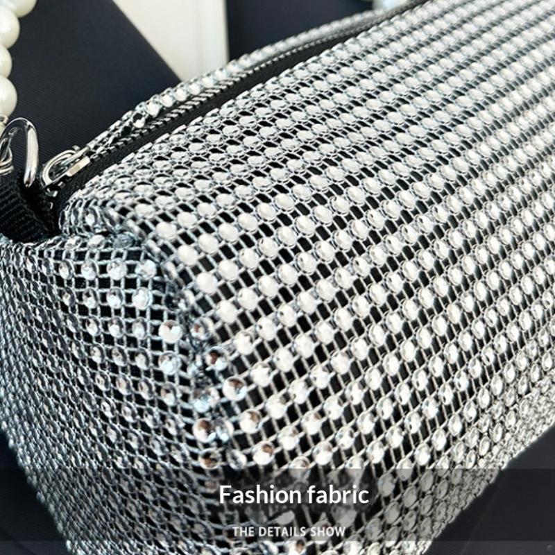 Fashion Rhinestone Shoulder Bag Pearl Chain Bag Phone Pouch Zipper Crossbody Bag Or Women Handbag