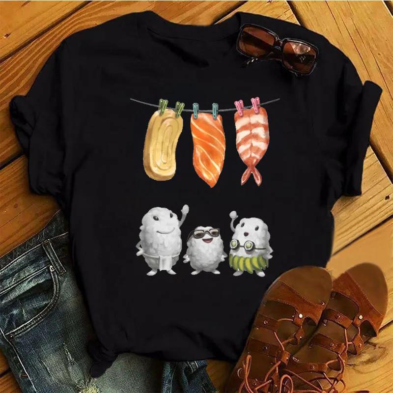 Cute Sushi hug Women T-shirts Summer black Short Sleeve T shirt girl femme O-Nock Kawaii Clothing Top tee Ladies Harajuku Tshirt