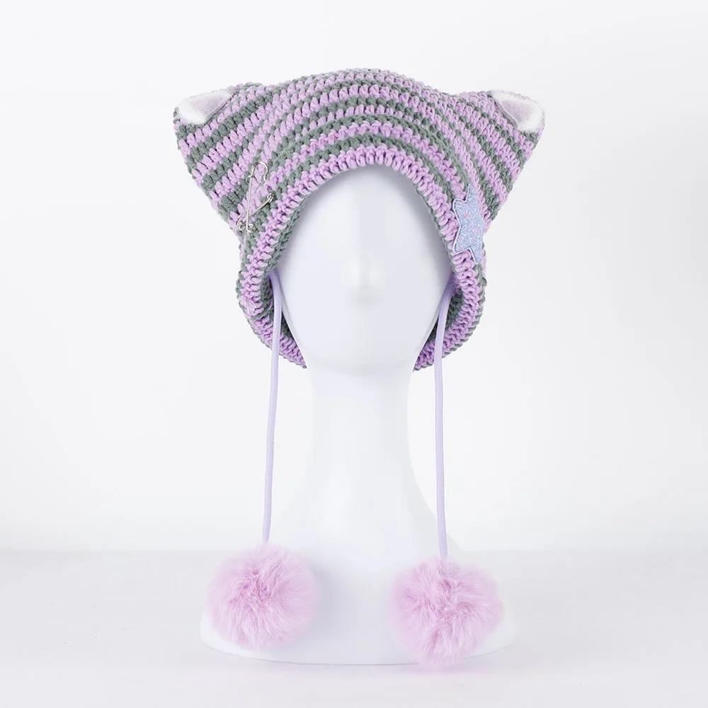 

2025 new Beanie Hat Ins Little Devil Striped Knitted Wool Cap Autumn and Winter Cute Cat Ears Pointed Pullover Women s Hats 56-60cm фиолетовый