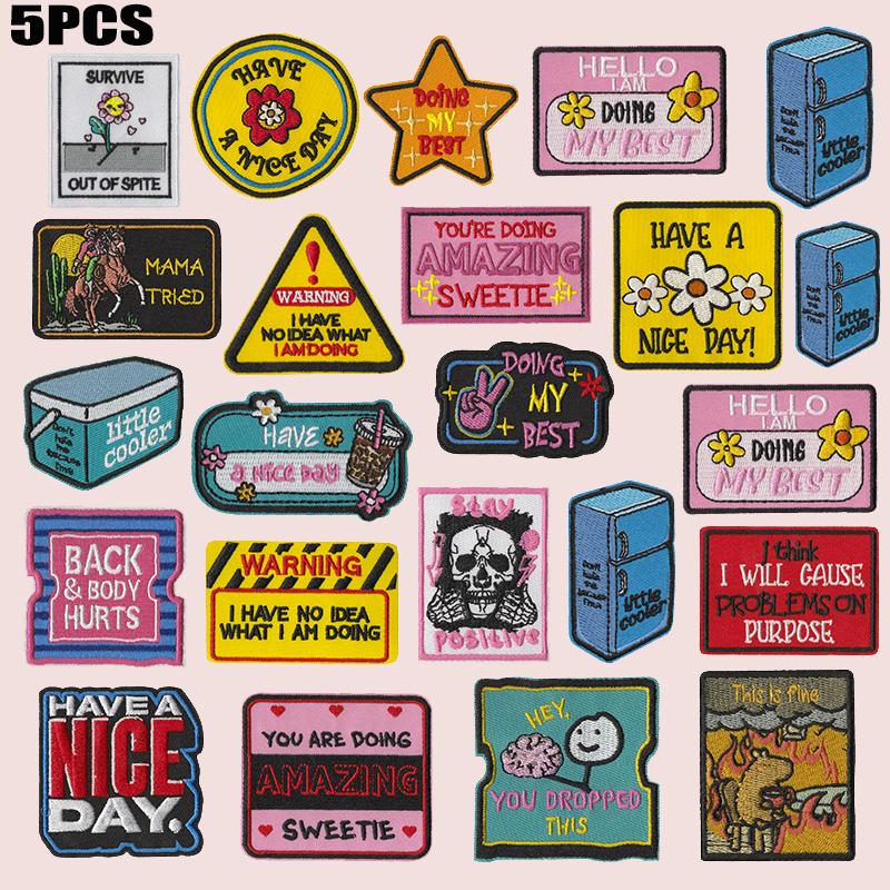 5pcs /Lots Cartoon Square Letter Slogan Embroidered Diy Have A Nice Day Patch Iron On Patches For Clothing Hats Embroidery Patch