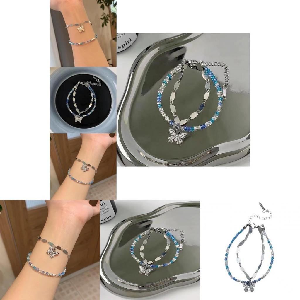 Stylish Double Layer Butterfly Bracelet For Women With Blue Crystal Beads