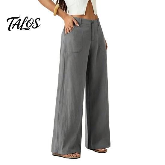 Bequeme Hose Baumwolle Leinen Weites Bein für Damen, Lockerer Knopf Elastischer Bund Arbeitsbund Freizeit Hose, Einfarbige Palazzo mit Taschen