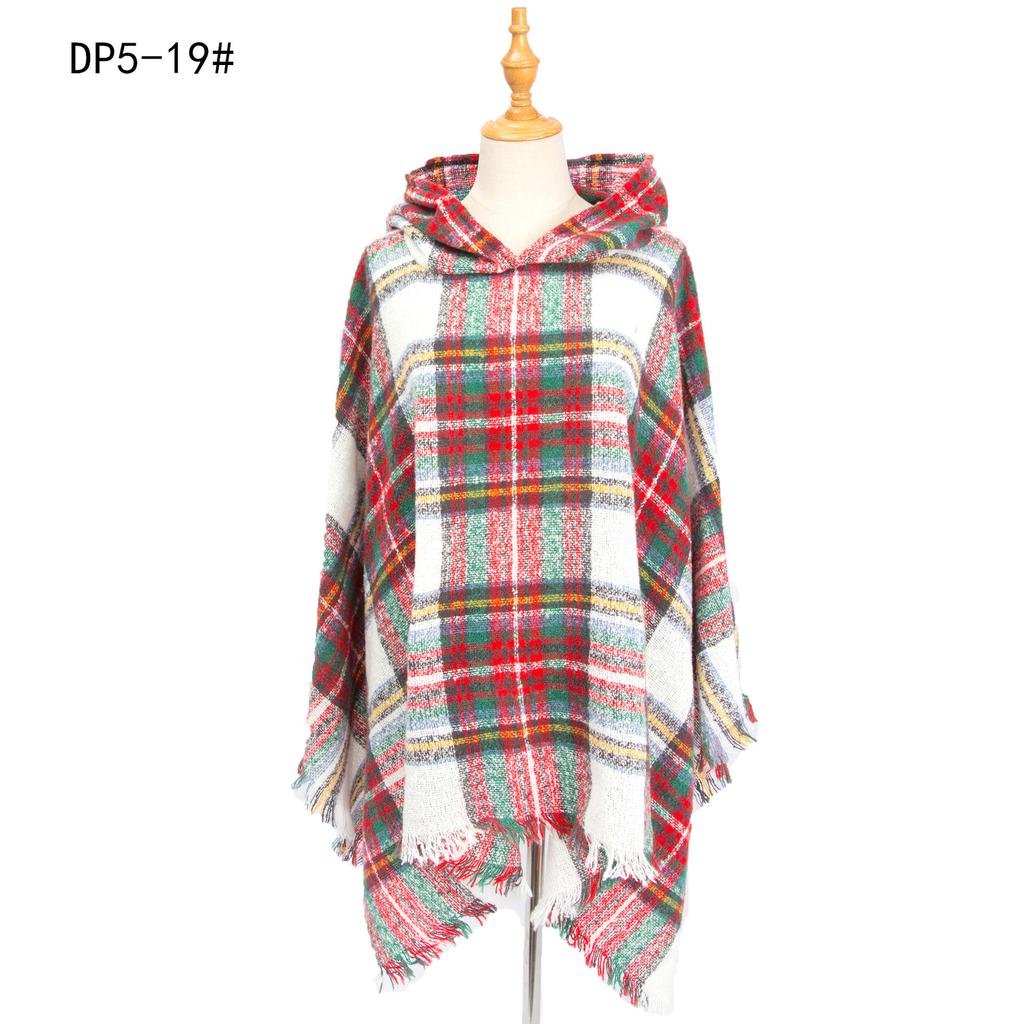 Women's Plaid Hooded Cape Ponchos Sweater Knitted Versatile Lightweight Warm Shawl Wrap Scarf Cape Poncho Pullover Cardigan Wrap Sweaters for Women