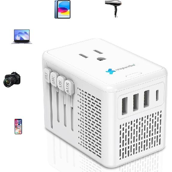 Upgraded Voltage Converter US to Europe for Hair Dryers 220V to 110V Converter with Fast Charging - Compact Travel Design with 3 USB-A + 1 USB-C белый