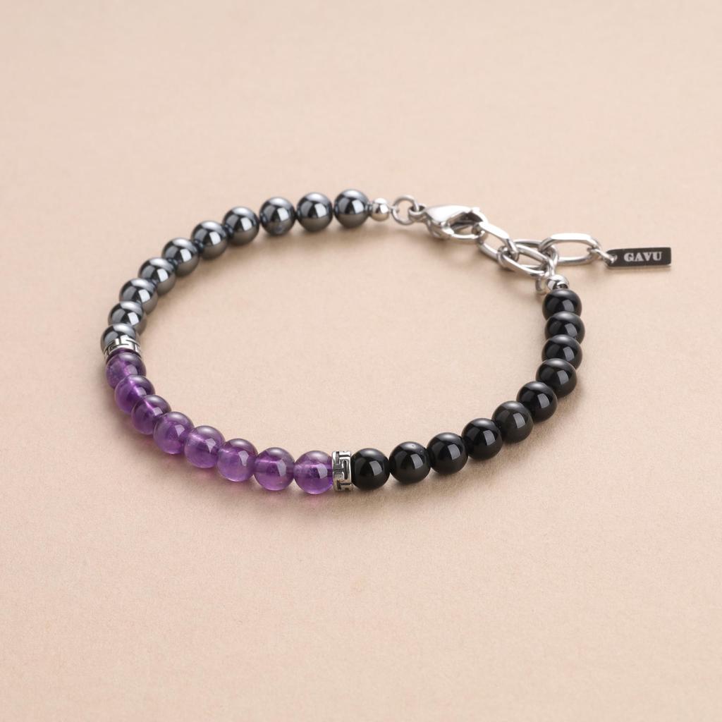 [GAVU] 6mm Triple Protection Bracelet, Men's Crystal Bracelet, Hematite Obsidian Amethyst Bracelet for Men