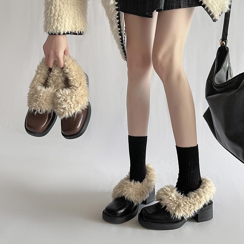Leather shoes for women in winter 2026  new fur single shoes  thick heels  height increasing cotton shoes for women