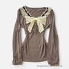 American Retro Brown Lace Bowknot Women's Square Neck Slim-Fit Long Sleeve Top