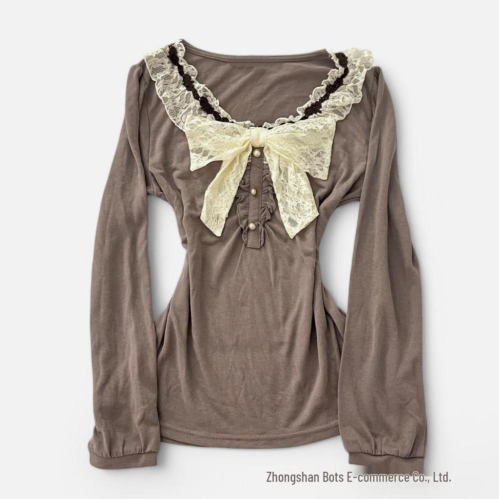 American Retro Brown Lace Bowknot Women's Square Neck Slim-Fit Long Sleeve Top