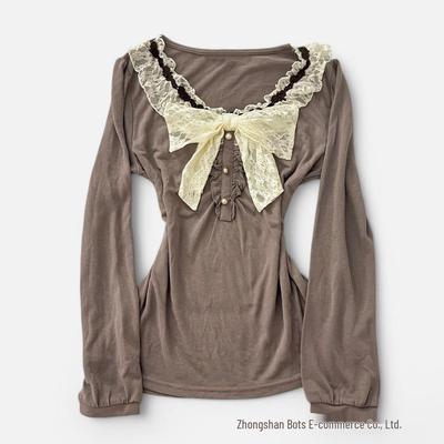 American Retro Brown Lace Bowknot Women's Square Neck Slim-Fit Long Sleeve Top