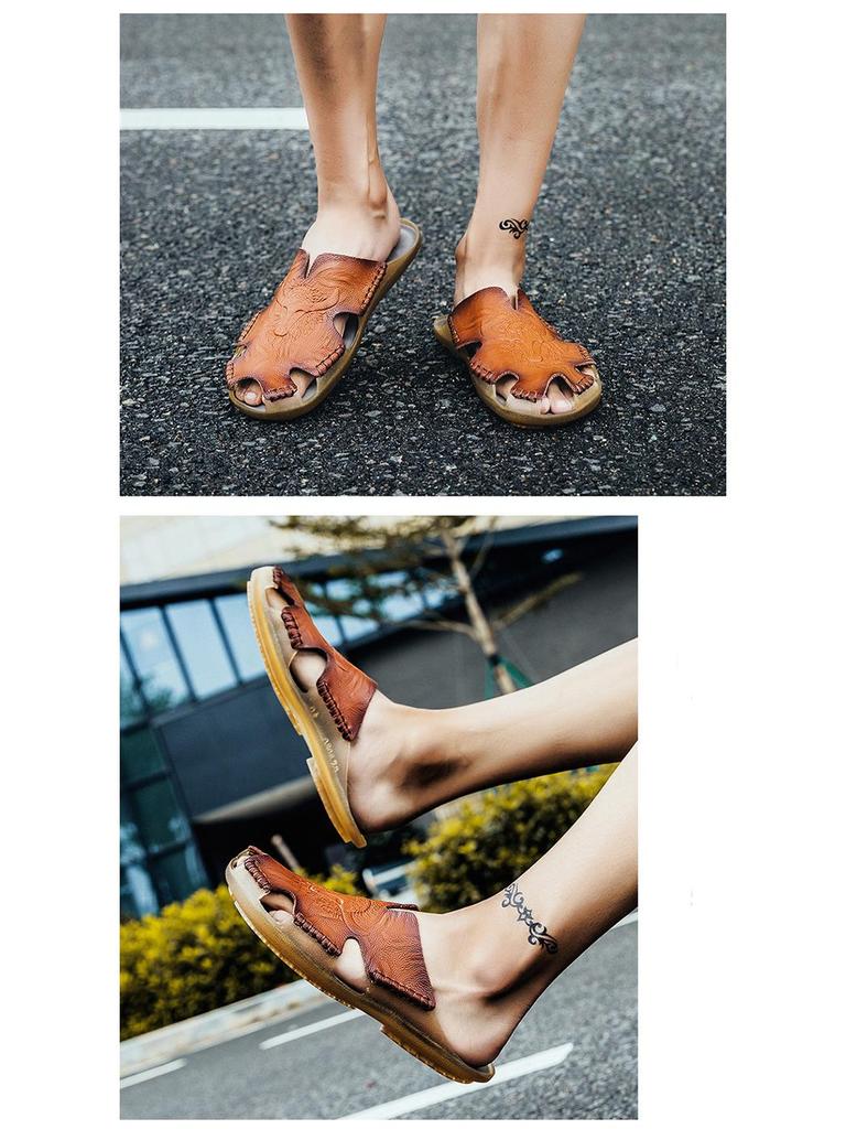 Plus Size Men's Breathable Leather Closed-Toe Sandals - Lightweight One-Strap Casual Beach Shoes