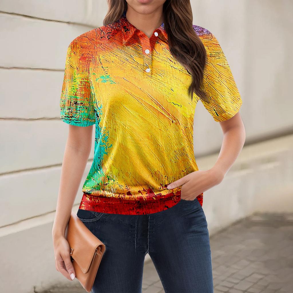 Women's Casual Floral Print V-Neck Short Sleeve Decorative Button T-Shirt Top