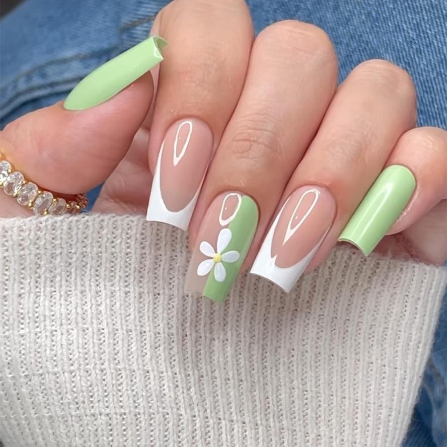 

Colorblock Flower Coffin False Nail Tips - Advanced, Removable & Wearable Solid Color