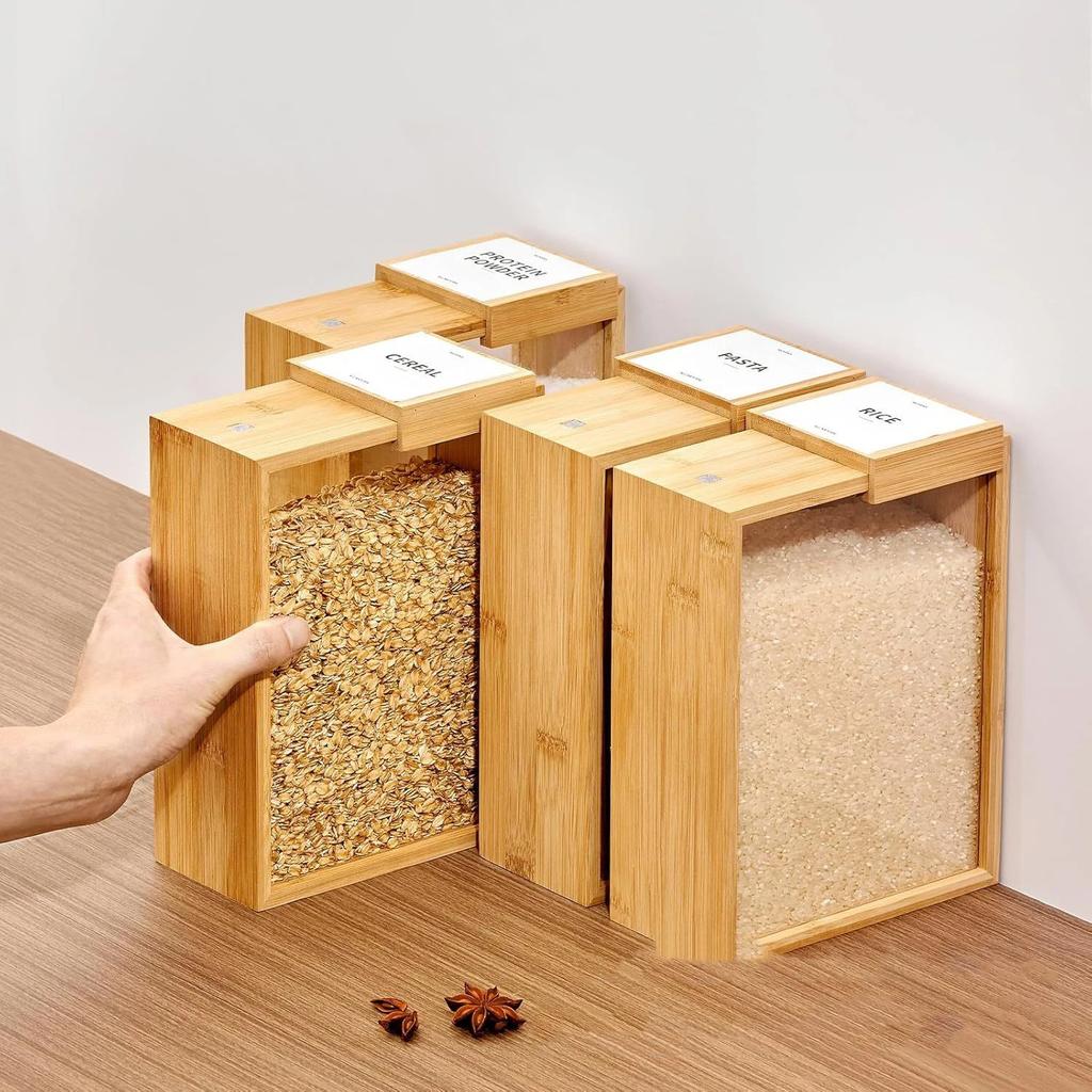 1/2pcs Creative Bamboo Grain Storage Box Kitchen Wooden Sliding Cover Rice Dispenser Household Food Pantry Organizer