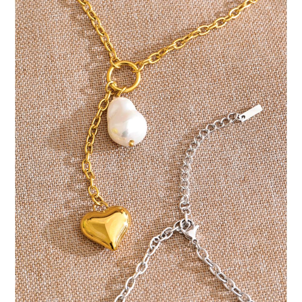 Yhpup Stainless Steel Baroque Simulated Pearl Heart Chain Drop Charm Necklace Rust Proof Popular Fashion Charming Jewelry 2026