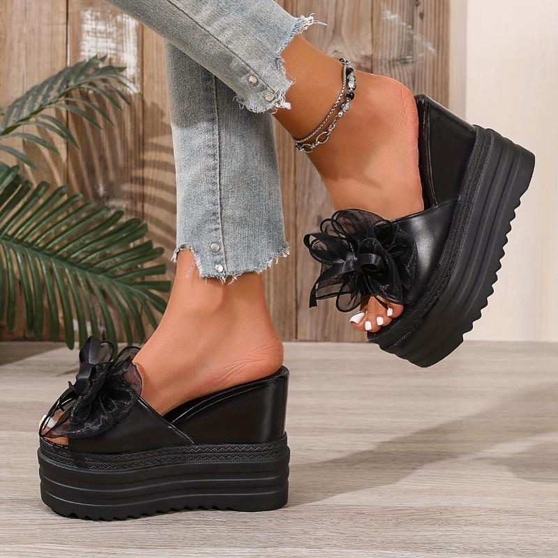 Women's Black Faux Cover Wedge Sandals with Floral Accent - 10cm Height Increase, Peep Toe, Thick Sole, Stylish Summer Platform Shoes for Casual