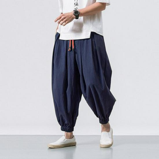 Men's 2025 All-Season Plus Size Cotton Linen Harem Pants with Elastic Ankles - Retro Chinese Style