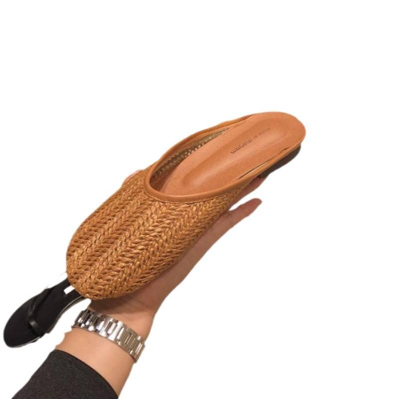Breathable woven bag head cool slippers women's summer wear soft bottom 2025 small fragrant style advanced sense pig cage Muller slippers tide