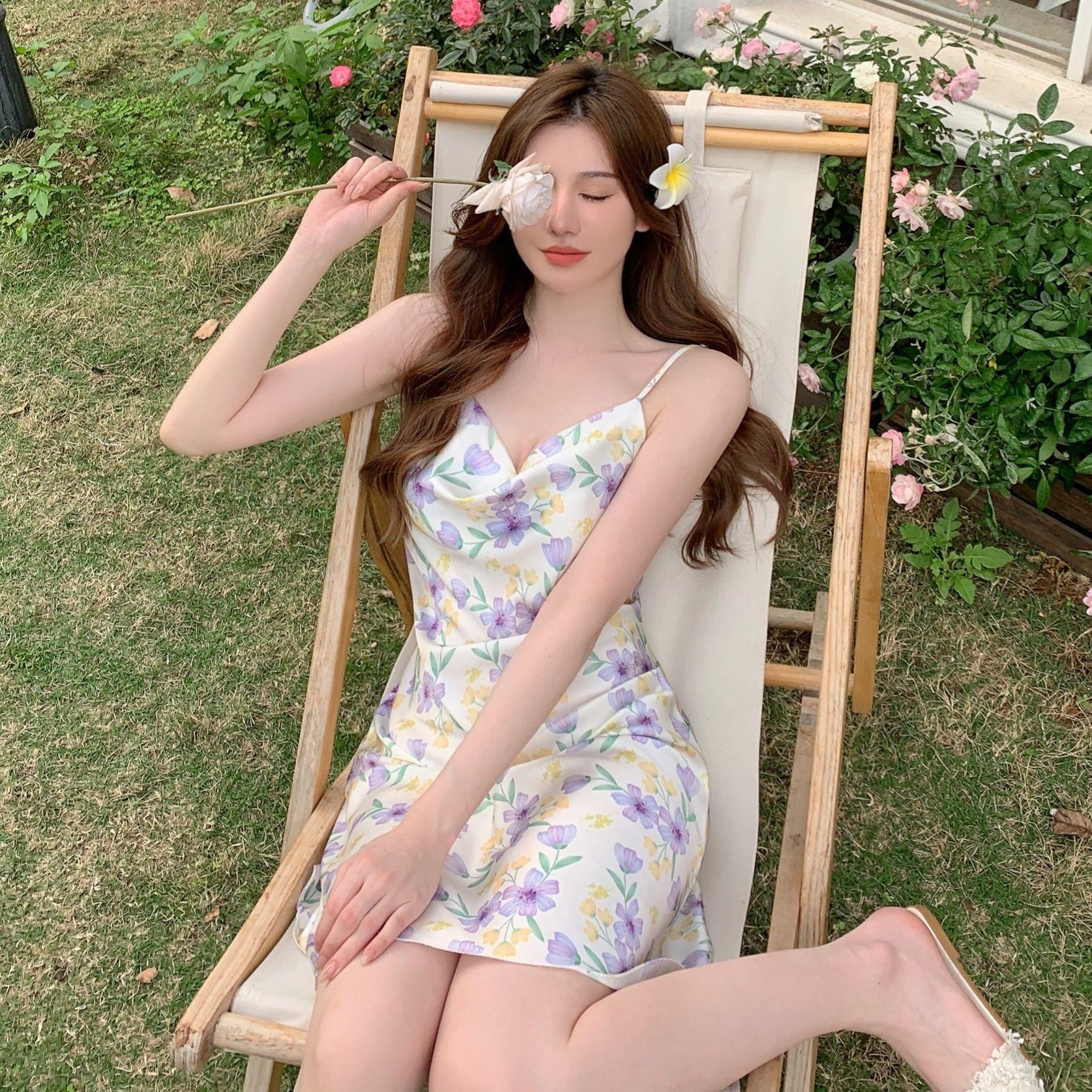 

Ночная рубашка с принтом, сексуальное платье для сна на тонких бретельках, женские платья для сна M уф-фиолетовый