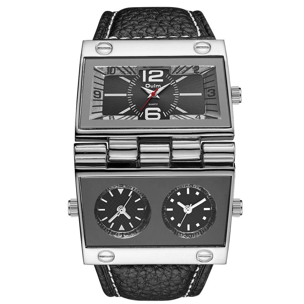 Oulm Men's Quartz Watch with Large Rectangular Dial & Multi-Time Zone Display