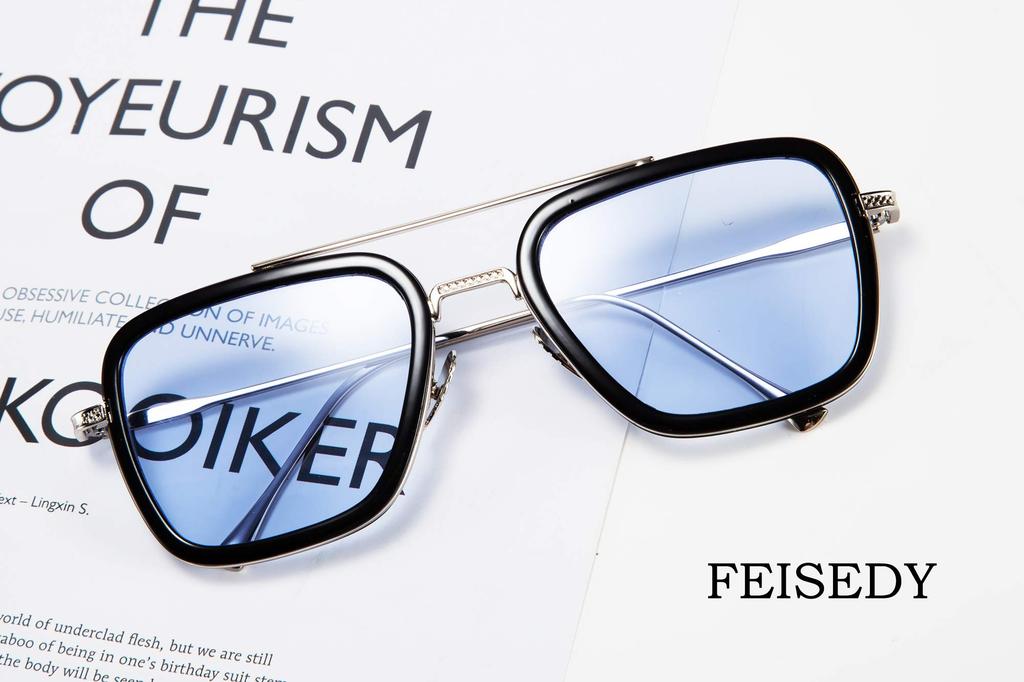 [FEISEDY] Retro Square Aviator Sunglasses, Iron Man Tony Stark Sunglasses, Trendy Downey Jar Gradient Lenses