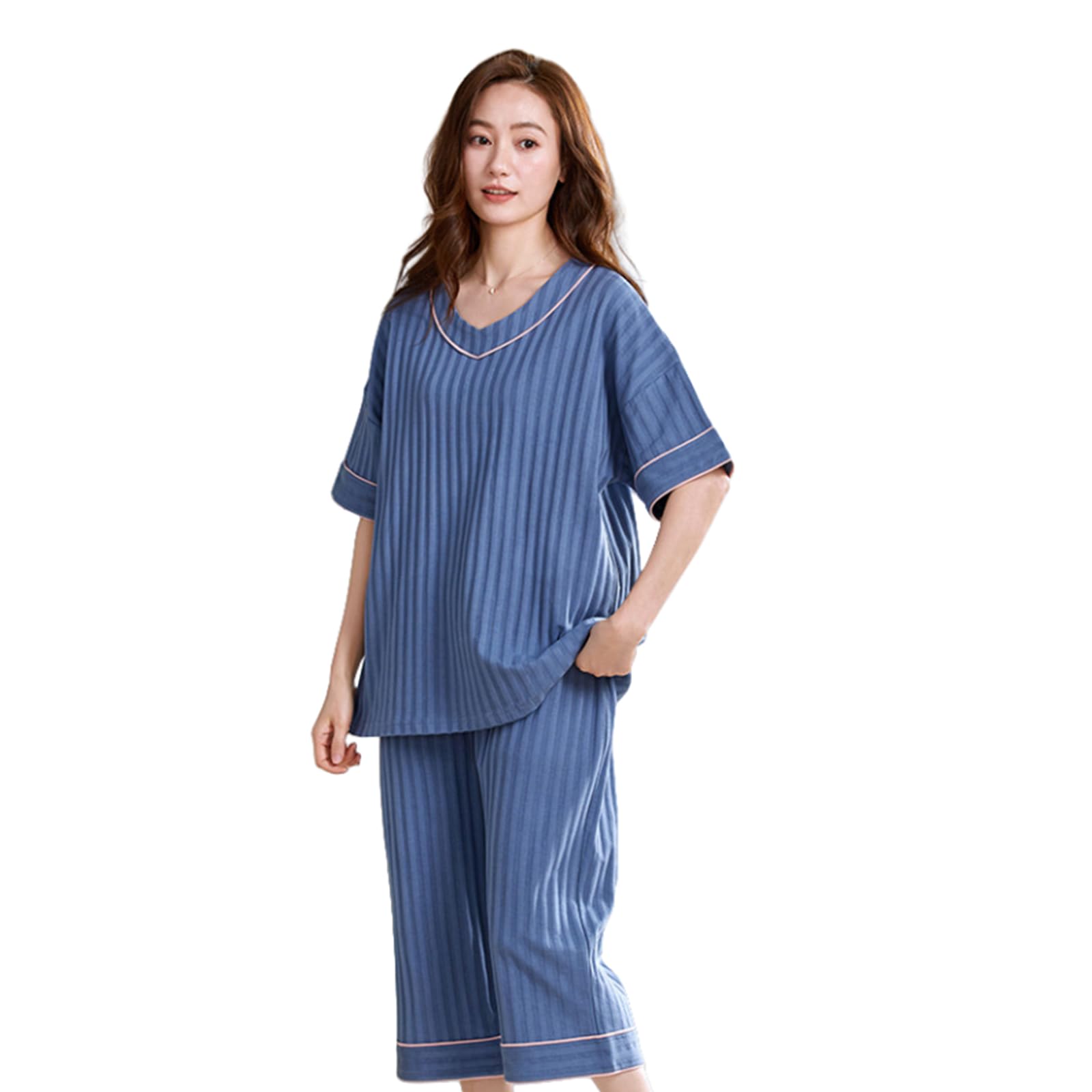 

Pajamas for Loungewear for Short Top and Bottom Summer Loungewear Sweat Summer [Gdnelhuonox] Women, Cotton, Women, Sleeve, V-Neck, Set, Pajamas, синій