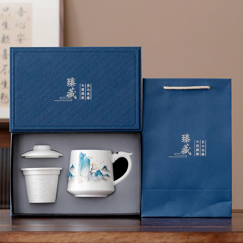 

Suet jade white porcelain ceramic office cup gift box set tea separation mug business event souvenir 401-500ml