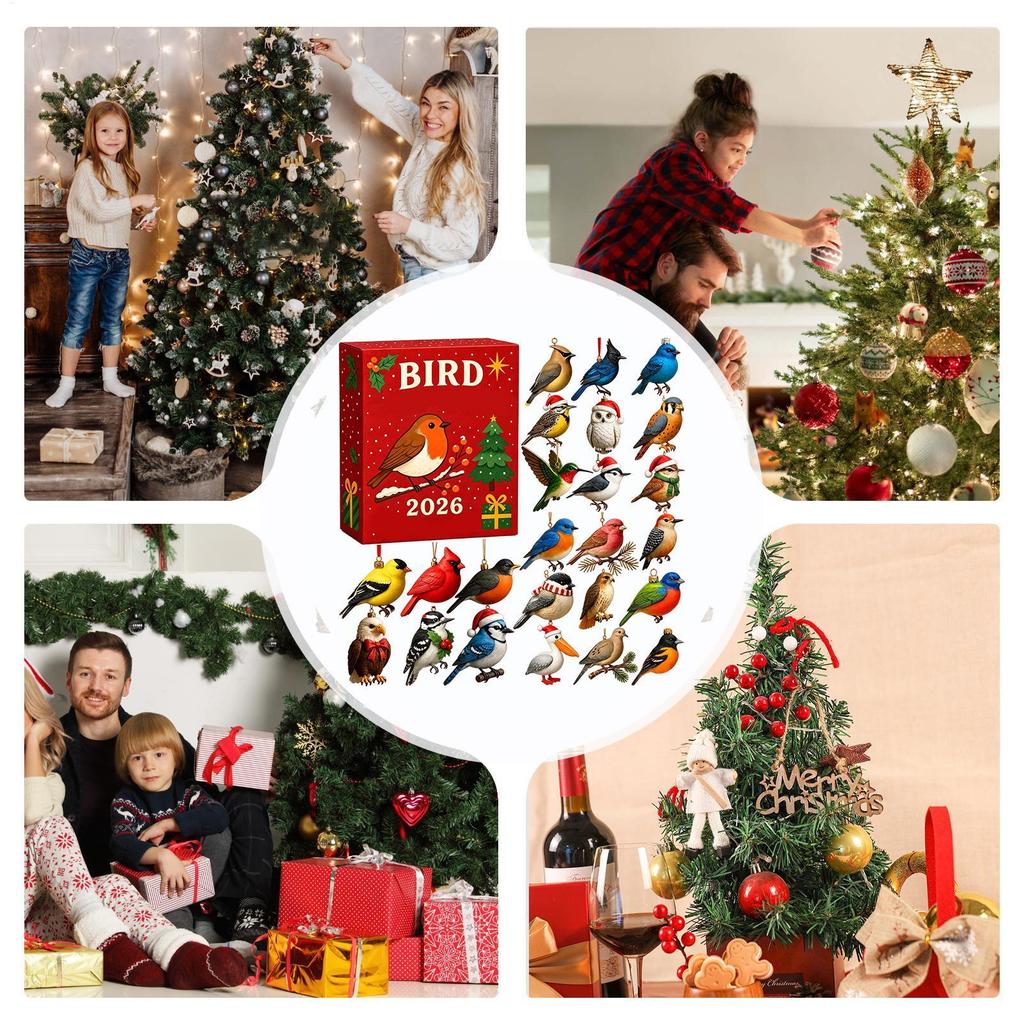 24-Day Bird Advent Calendar 2D Flat Acrylic Christmas Countdown Ornament Set, Collectible Hanging Decor for Tree Window Mantel