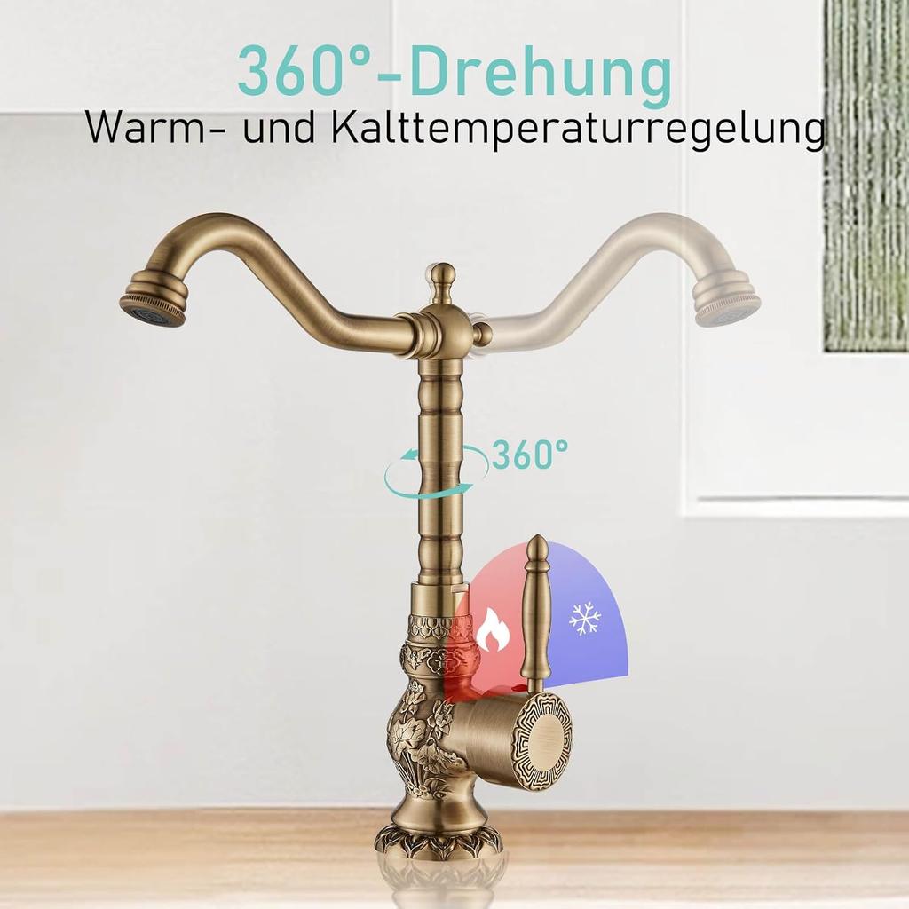 Antique Brass High Tap Bathroom Basin Single Lever Sink Mixer Tap 360° Rotating Spout