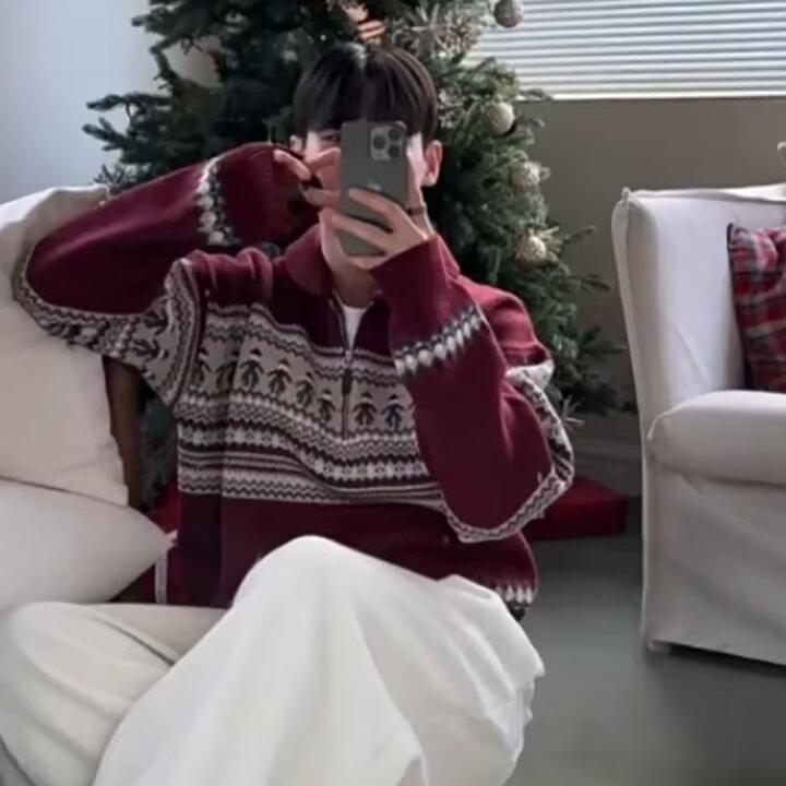 Pánský retro červený svetr s klopou, dlouhým rukávem a polovičním zipem na podzim a zimu