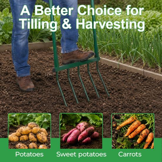 5-Tine Broad Fork Fork Heavy Duty Pitchfork with Dual Handles Garden Hand Tiller Digging for Planting Gardening Soil Aeration