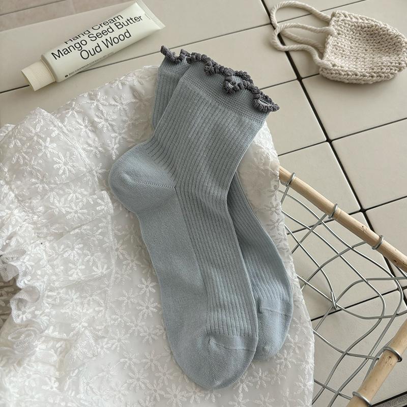 Black Ear-trimmed Socks for Women In Autumn, Solid Color Lace Mid-calf Pile Socks, Versatile Stretch Socks