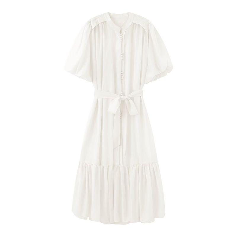 Kaslead New Women clothes Western Style Two-piece Set High Sense Frill Temperament Puff sleeve Dress