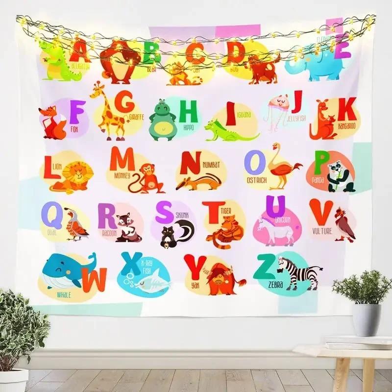 Alphabet Poster Tapestry for Boys Girls Bedroom ABC Learning for Toddlers Cute Dinosaur Art Educational Tapestries Wall Hanging