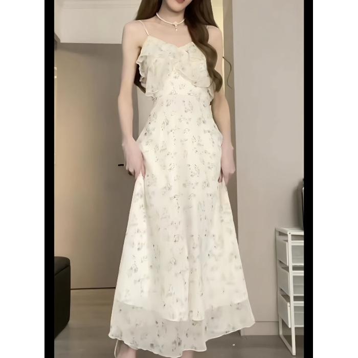 Gentle Floral Suspender Skirt French Retro Waist Slim New V-neck Dress Is Popular This Year, Sweet Women's Clothing