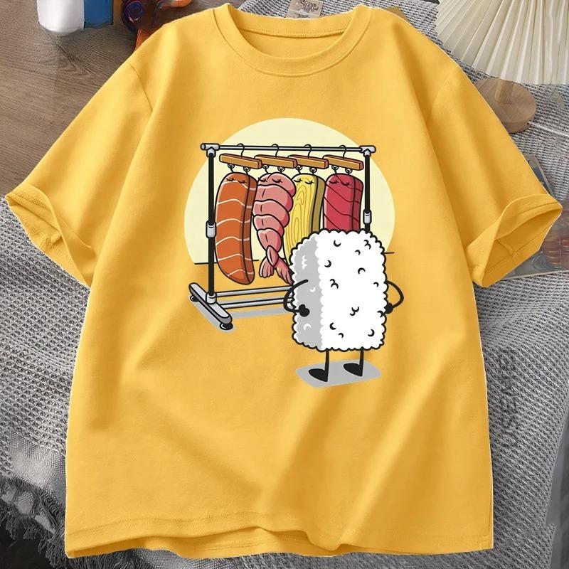 Sushi with Japanese Flavor 100% Pure Cotton All 2025 Band-aids Kitten Fashion High-quality Round-neck Clothing T-shirt
