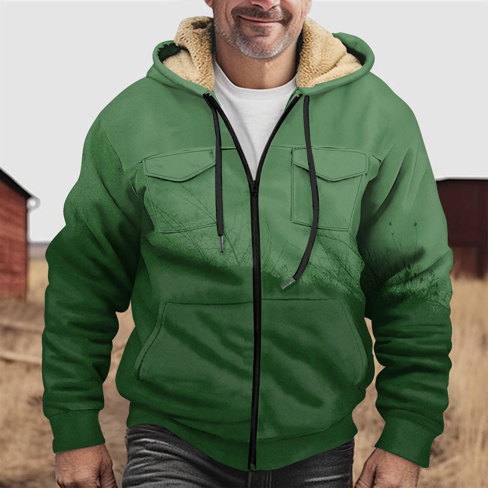 

Мужская зимняя флисовая толстовка с капюшоном на молнии с накладным карманом, повседневная куртка S зелёный