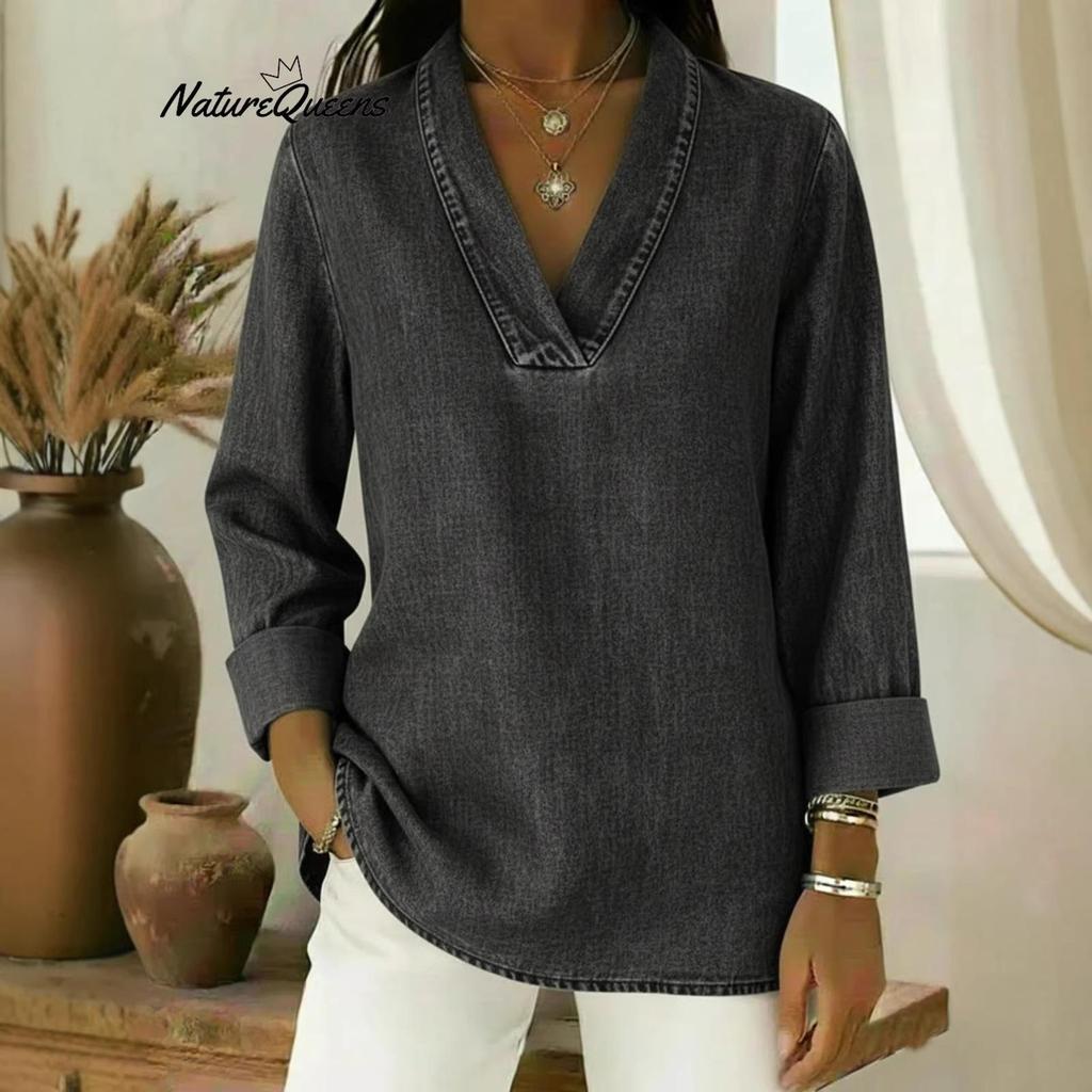2026 Casual Loose Nine-Sleeve Retro Polo Collar Imitation Denim Shirt