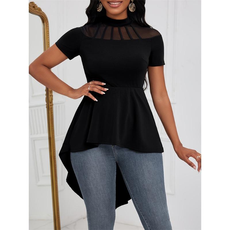 Women's Sexy Round Neck Shoulder Perspective Spice Girl Irregular Hem Short Sleeve Top