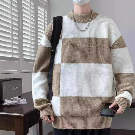 Men's Round Neck Color-Block Sweater - Trendy Knitwear Pullover for Autumn/Winter