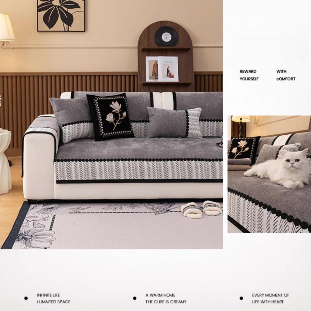 Contrast Hem Twill Chenille Sofa Cover for All Seasons Living Room Non-slip Sofa Seat Cover Couch Slipcover, Sofa Towel