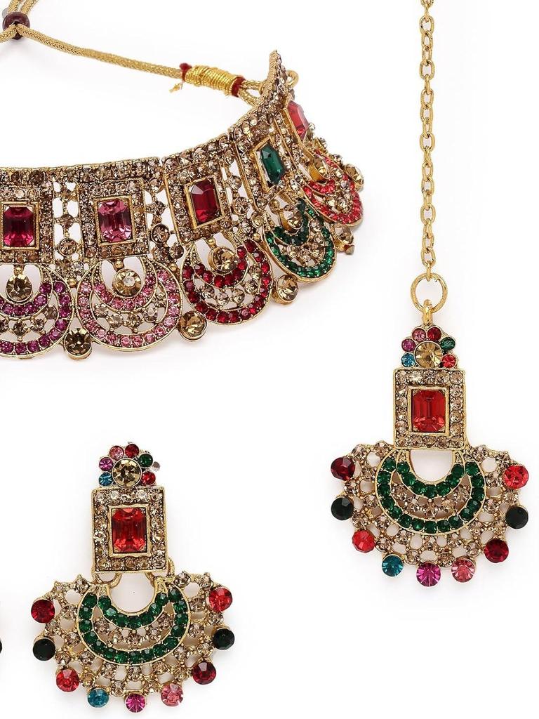 Graceful Curve Shaped Gold Plated AD Stones Choker Necklace Set With Earring And Maangtika | Jewellery Set For Women