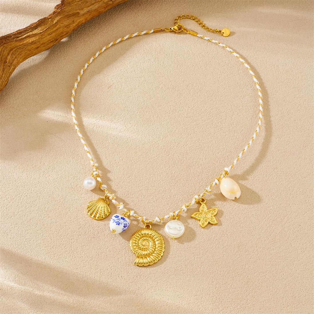 

316L Stainless Steel Novel Trend Flower Shell Conch Pearl Pendant Necklace Women Leisure Vacation Neck Chain Jewelry