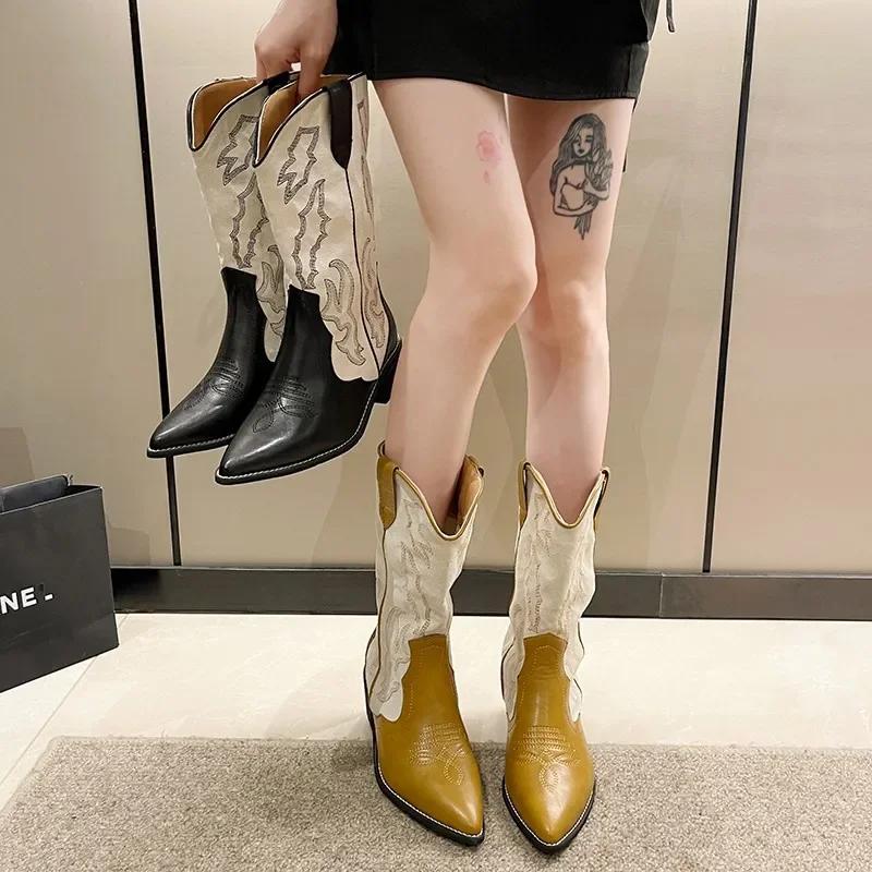 

2024 Embroidered Women Boots Leather Handmade Pointed Toe Spike Heel Autumn Winter Boots Cowboy Western Retro Botas Shoes 35 коричневий