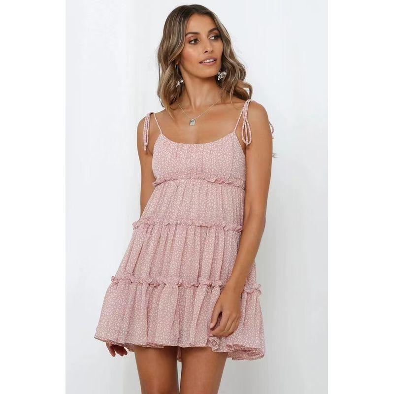 

Western Style Sexy Print Sling Backless Beach dress Printed Suspend Sexy Dress Powder Dot L