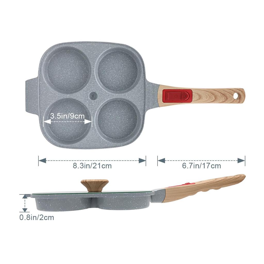 RANXINGST Fried Egg Pan with Lid, Four Holes, Gas & Induction Compatible, Non-stick Ceramic Coating & Detachable Handle, Divided Pan, PFOA/PFOS Free,