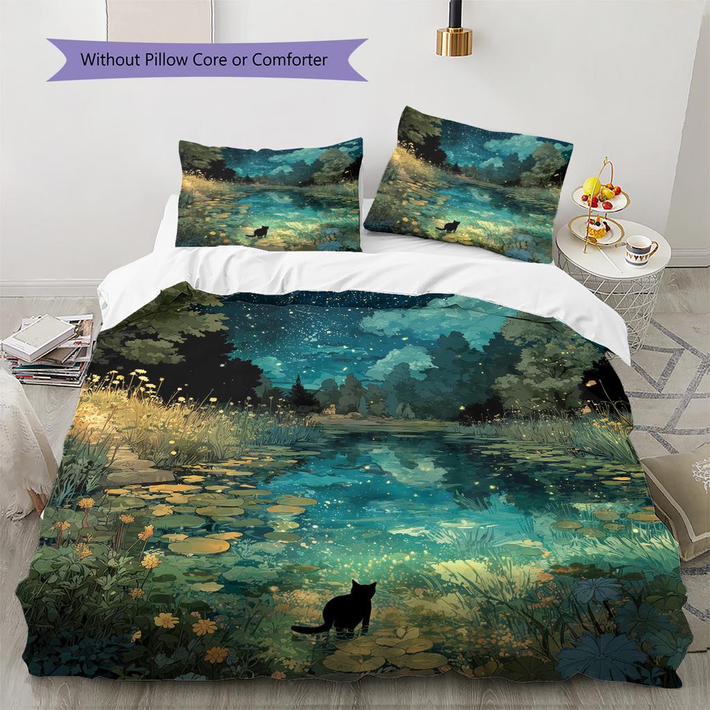 Leaf Cat Pattern Bedding Quilt Set Home Decoration Gift (1 * duvet cover + 2 * pillowcase without core)