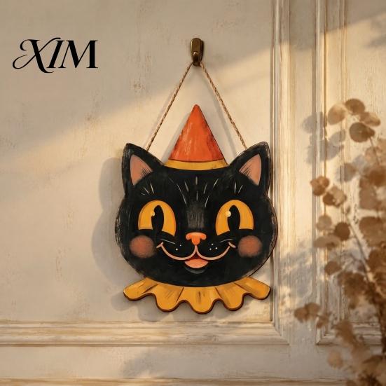 Retro Holiday Yard Accents Halloween Wooden Hanging Pendant with Lanyard, Ghost/Pumpkin/Skull/Black Cat Black Wall Art Decorations for Front